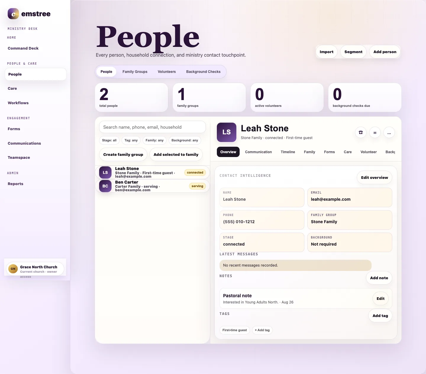 Actual Cemstree People interface showing a person record, household details, pastoral context, and tags.